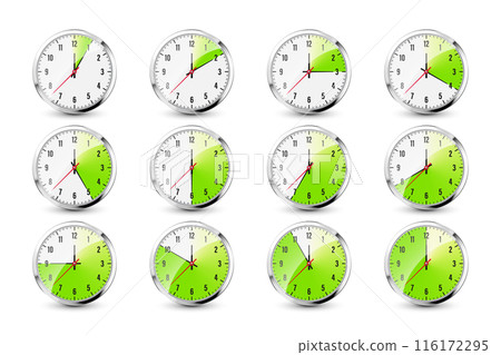 Wall clock, stopwatch icons. Shiny metal chronometer, time counter with dial. Green countdown timer showing minutes and seconds. Time measurement for sport, start and finish. Vector illustration Wall clock, stopwatch icons. Shiny metal chronometer, time counter with dial. Green countdown timer showing minutes and seconds. Time measurement for sport, start and finish. Vector illustration 116172295