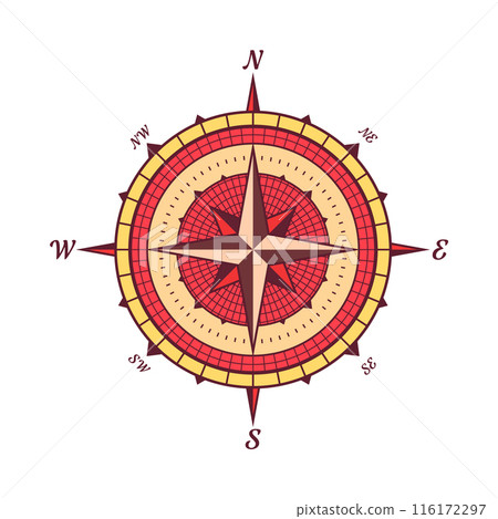 Vintage marine wind rose, nautical chart. Colorful navigational compass with cardinal directions of North, East, South, West. Geographical position, cartography and navigation. Vector illustration 116172297
