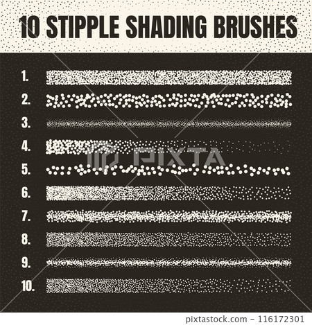 Stipple scatter brush, ink drawing and texturing. Fading gradient. Stippling, dotwork drawing, shading using dots. Halftone disintegration effect. White noise grainy texture. Vector illustration 116172301