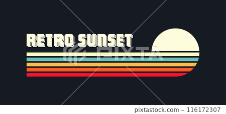 Vintage sunset collection. Various colorful striped sunrise badges in 80s and 90s style. Sun and ocean view, summer vibes, surfing. Design element for print, logo or t-shirt. Vector illustration 116172307