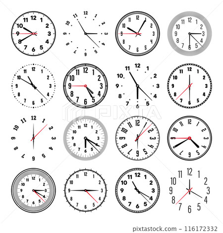 Mechanical clock faces with hands, bezel. Watch dial with minute, hour marks and numbers, arabic numerals. Timer or stopwatch element. Measuring circle scale with divisions. Vector illustration 116172332