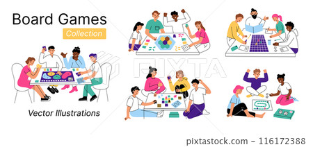 Vector illustration set of people playing boardgames. Friends, families enjoying card game at the table. Children, adults, elderly cartoon style characters. Fun leisure time, bonding and entertainment 116172388
