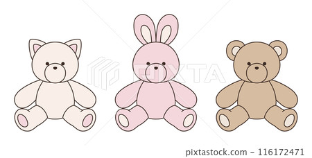 向量圖圖示集可愛的熊、兔子和貓毛絨動物 向量圖圖示集可愛的熊、兔子和貓毛絨動物 116172471