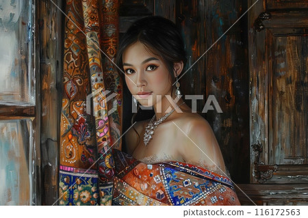 Portrait of a woman art painting oil acrylic masterwork smile wearing a colorful and intricately Generative AI 116172563