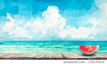 夏季海和西瓜水彩插圖背景 夏季海和西瓜水彩插圖背景 116172618