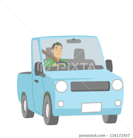 Illustration of a man driving a small pickup truck 116172937
