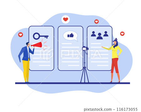 Top Key Opinion Leader, woman use Social media influencer. Blogger man with megaphone and Tiny people followers.Girl with Currency Sign from Video Blogging Activity.Modern flat cartoon style. vector 116173055