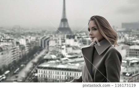 Beautiful foreign woman and the Eiffel Tower in Paris 116173119