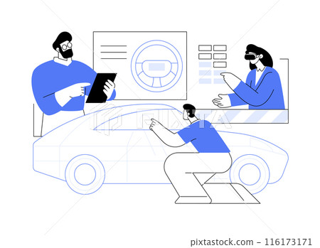 In-lab car model validation abstract concept vector illustration. 116173171
