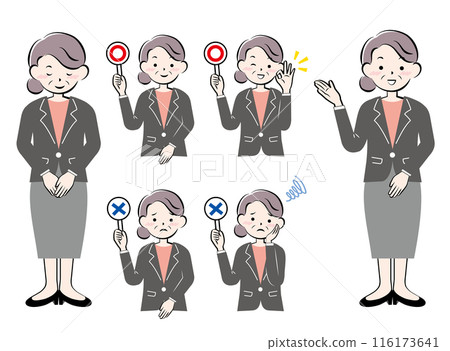 Set of senior women in suits bowing guide yes no 116173641
