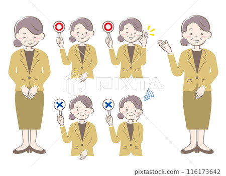 Set of senior women in suits bowing guide yes no 116173642