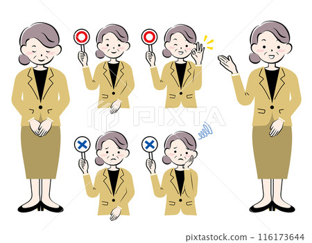Set of senior women in suits bowing guide yes no 116173644