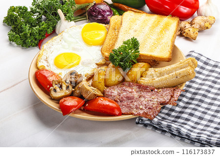English breakfast with toast, egg and sausages English breakfast with toast, egg and sausages 116173837