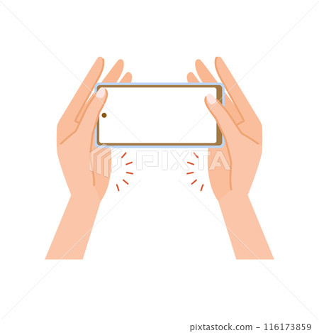 Illustration of how to hold a smartphone with minimal strain (supported by palm, operated with both hands 02) Illustration of how to hold a smartphone with minimal strain (supported by palm, operated with both hands 02) 116173859