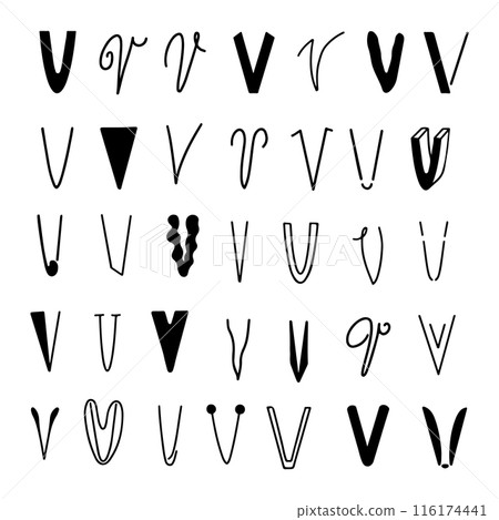 Set of letters V in different styles. Hand drawn lettering. Set of letters V in different styles. Hand drawn lettering. 116174441