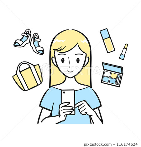 A young woman enjoying online shopping on her smartphone (no background, simple) 116174624