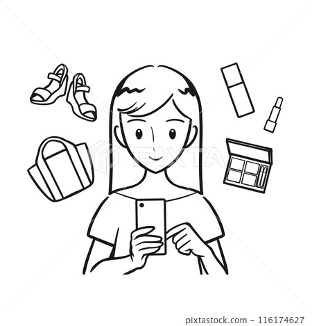 一位年輕女子在智慧型手機上享受網上購物（線圖） 116174627