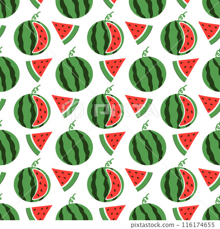 Whole and cut slice, dissected Watermelon Vector Seamless Pattern. Food Background. Summer fruit wallpaper. Flat illustration. 116174655