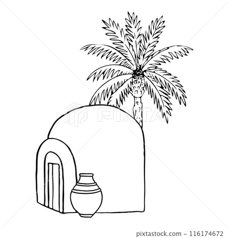 Arab or Bedouin clay hut with palm tree and outdoor vase pot simple line vector illustration in black and white. Middle East traditional desert house Arab or Bedouin clay hut with palm tree and outdoor vase pot simple line vector illustration in black and white. Middle East traditional desert house 116174672