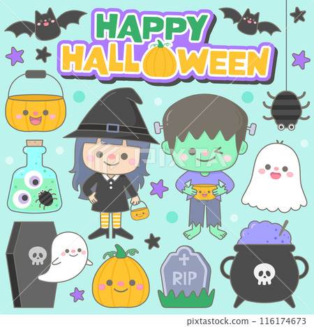 Kid hand drawn cute and colorful happy halloween elements Kid hand drawn cute and colorful happy halloween elements 116174673