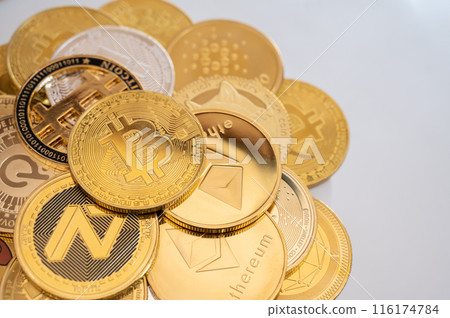 Close up of various kinds of cryptocurrency token coins. Cryptocurrency is a digital or virtual currency that is secured by cryptography. 116174784