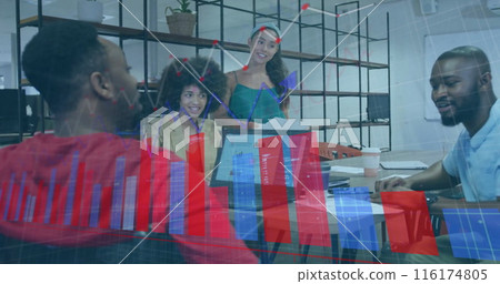 Image of financial data processing over diverse business people in office 116174805