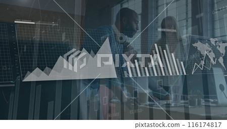 Image of financial data processing over diverse business people in office Image of financial data processing over diverse business people in office 116174817