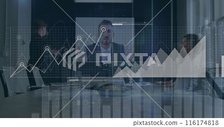 Image of financial data processing over diverse business people in office 116174818