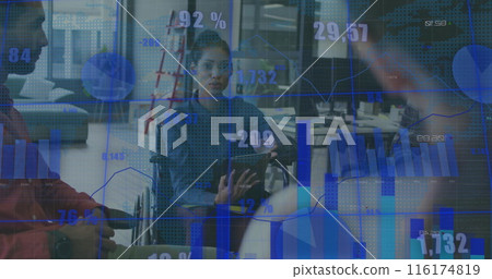 Image of financial data processing over diverse business people in office 116174819