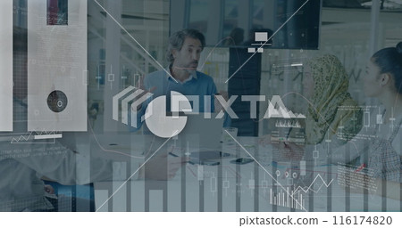 Image of financial data processing over diverse business people in office Image of financial data processing over diverse business people in office 116174820