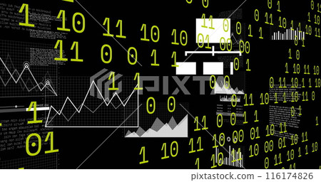 Image of binary coding data processing and statistics over black background 116174826