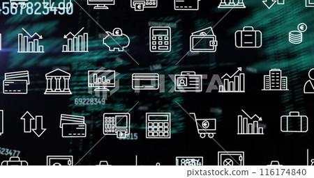Image of financial data processing and rows of business icons over dark background 116174840