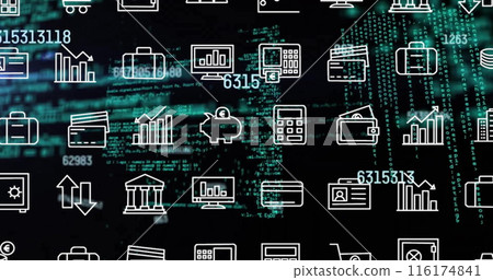 Image of financial data processing and rows of business icons over dark background Image of financial data processing and rows of business icons over dark background 116174841