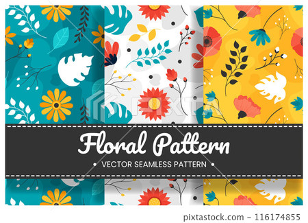 Floral Seamless Pattern Design Illustration with Blooming Branches and Leaf Flower in Hand-Drawn Cartoon Style Template 116174855