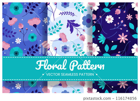 Floral Seamless Pattern Design Illustration with Blooming Branches and Leaf Flower in Hand-Drawn Cartoon Style Template 116174856