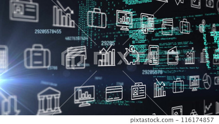 Image of financial data processing and rows of business icons over dark background 116174857