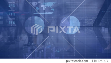 Image of financial data processing over people walking in modern office Image of financial data processing over people walking in modern office 116174907