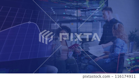 Image of financial data processing over diverse businesspeople in office Image of financial data processing over diverse businesspeople in office 116174911