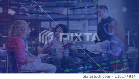 Image of financial data processing over diverse businesspeople in office Image of financial data processing over diverse businesspeople in office 116174914