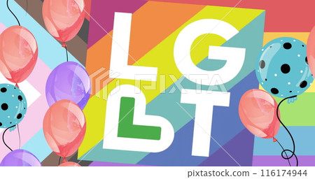 Image of lgbt text and balloons on lgbt flag background 116174944