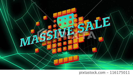Image of blue massive sale text over yellow squares and green lines on black background Image of blue massive sale text over yellow squares and green lines on black background 116175011