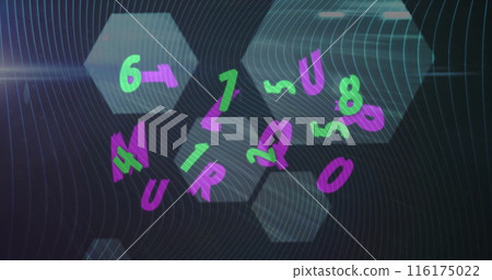 Image of changing green numbers and purple letters over grey hexagons and dark background Image of changing green numbers and purple letters over grey hexagons and dark background 116175022