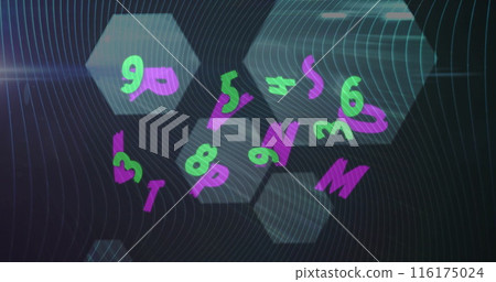 Image of changing green numbers and purple letters over grey hexagons and dark background Image of changing green numbers and purple letters over grey hexagons and dark background 116175024