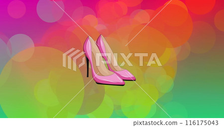 Image of pink high heels over light spots on colourful background 116175043