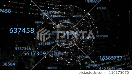 Image of financial data processing over globe and grid 116175070