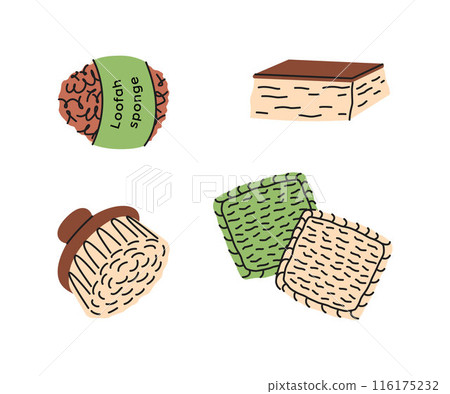 Set of eco-friendly cleaning products. Different brushes and sponges. Flat vector illustration. Organic natural ecological cleaners. 116175232