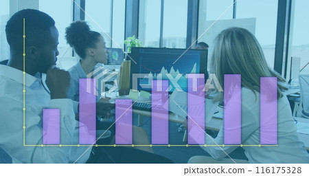 Image of statistical data processing against group of diverse colleagues discussing at office Image of statistical data processing against group of diverse colleagues discussing at office 116175328