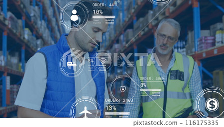 Image of data processing over two caucasian male supervisors discussing at warehouse 116175335