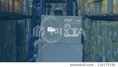 Image of data processing against biracial male worker operating a forklift at warehouse 116175336