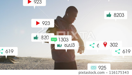 Image of notification bars, african american athlete adjusting headphone and checking smartwatch Image of notification bars, african american athlete adjusting headphone and checking smartwatch 116175343